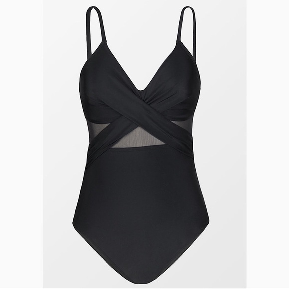 NEW Black Solid Mesh Wrap Front Cutout One Piece Swimsuit Size Large - Picture 5 of 10